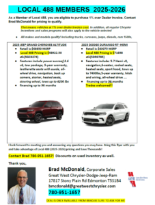 Flyer advertising 2025 Jeep Grand Cherokee and 2025 Dodge Durango offers for Local 488 members.