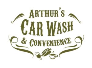 Logo for Arthur's Car Wash & Convenience featuring stylized text and icons of food and drink.
